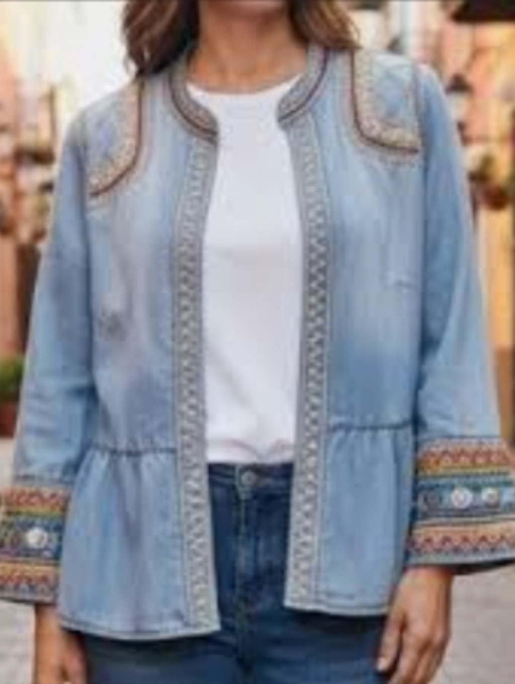 Chico’s Embroidered Coin Detail Chambray Boho Jacket Size 0p